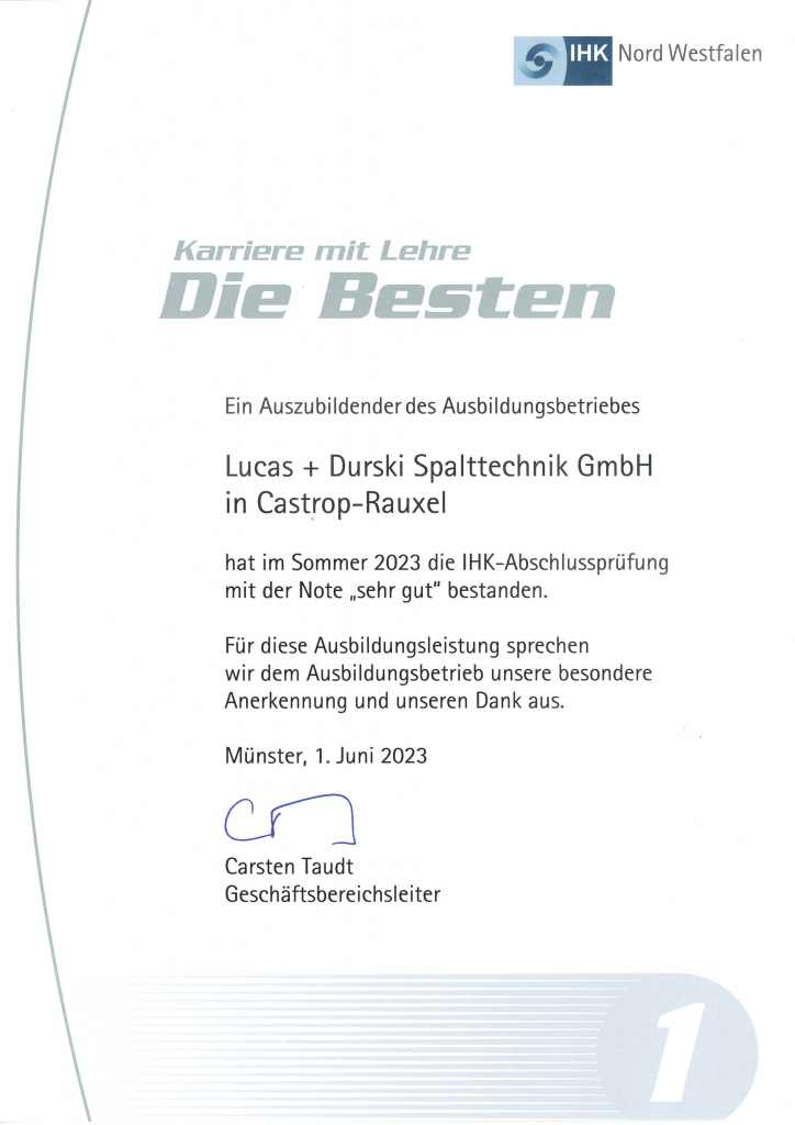 Zertifikat von der IHK Nord Westfahlen - L-D Spalttechnik ist ein Ausbildungsbetrieb